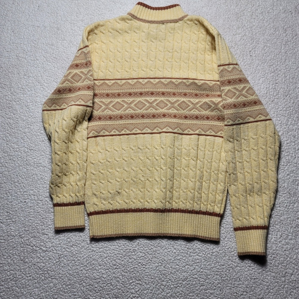 Vintage Lord Jeff Mens Large Mock Neck Cable Knit Fair Isle Sweater Cream Brown - Picture 2 of 7